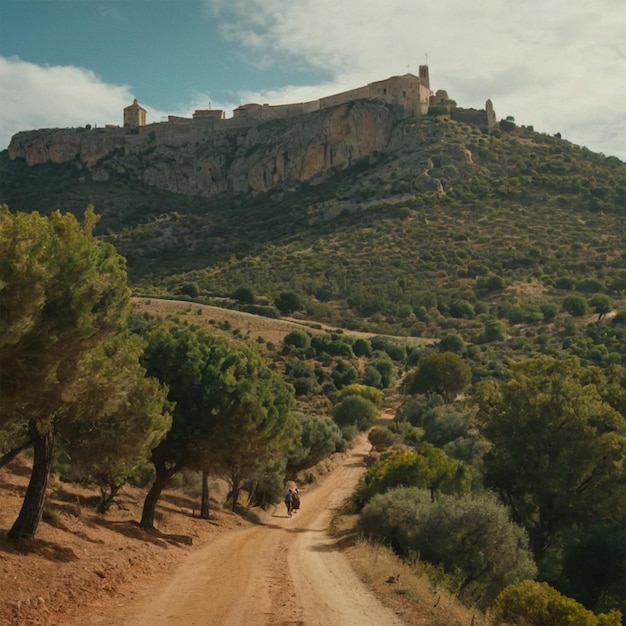 Photo a dirt road with a castle on the top of it