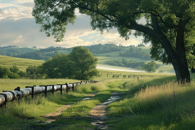 A dirt road with a fence running alongside it and a tree standing on the side Serene pastoral landscape with industrial pipelines crossing through AI Generated