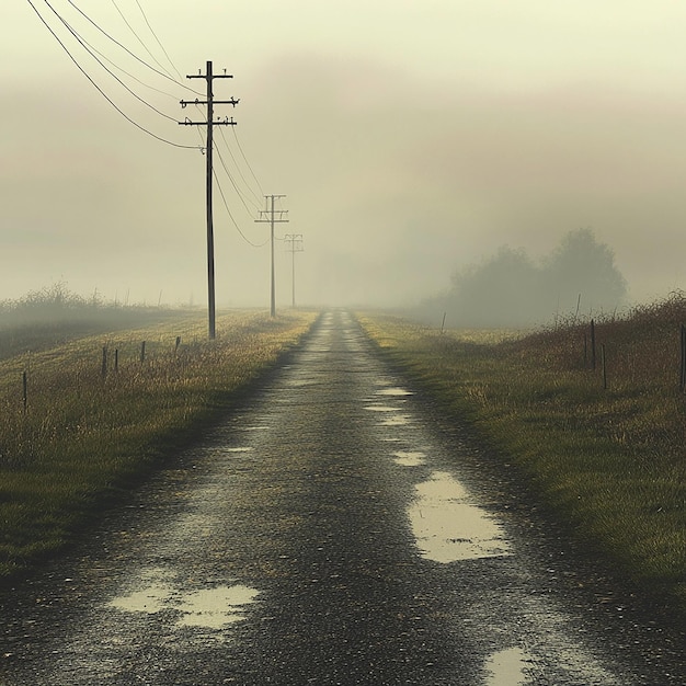 Photo a dirt road with a fence and telephone poles in the background