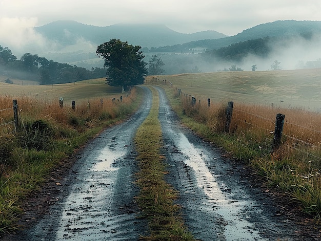 Photo a dirt road with a fence and a tree on the side