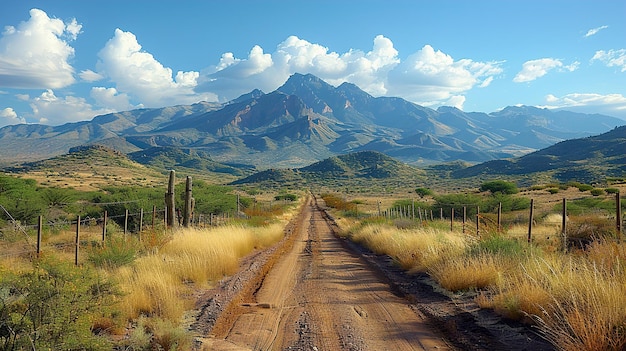 a dirt road with a mountain in the background