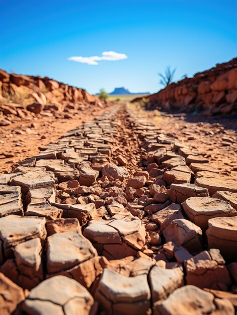 Photo a dirt road with rocks and a mountain in the background