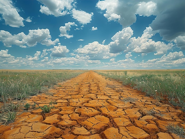 a dirt road with a sky and clouds in the background