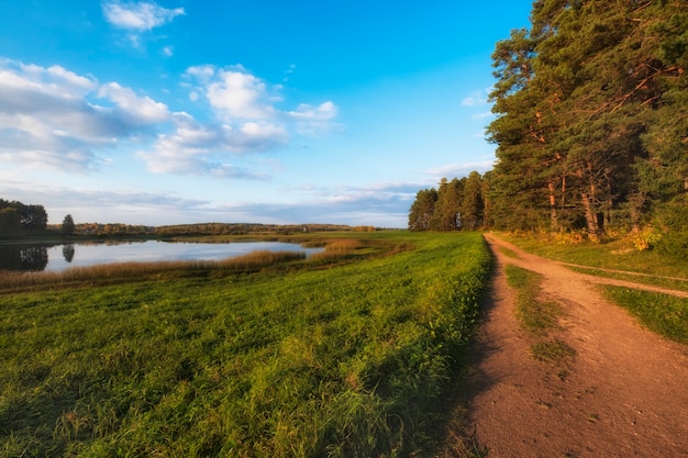 Dirt village road between forest and lake on a beautiful evening in early autumn. Pushkin mountains, Pskov region, Russia.