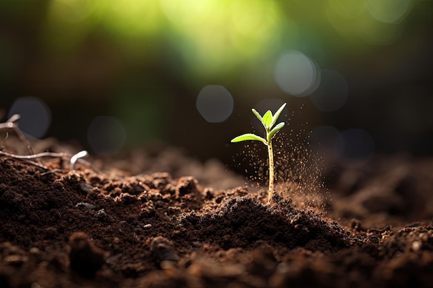 Dirt with a single small shoot springing up tilt macro style