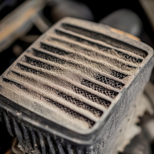 A dirty air filter in a car engine showing the need for maintenance