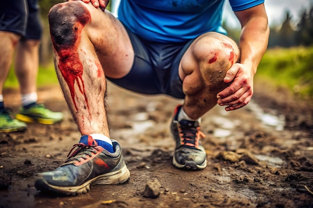 Dirty bloody knees after a tumble during outdoor running race