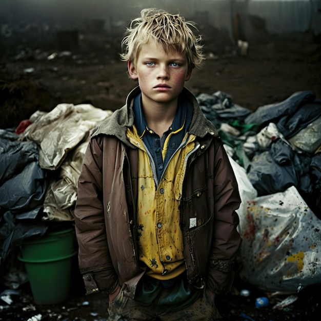 A dirty child in a garbage can poses for a report on poverty Ai generated