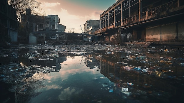 A dirty city with trash in it and a dirty puddle in the foreground