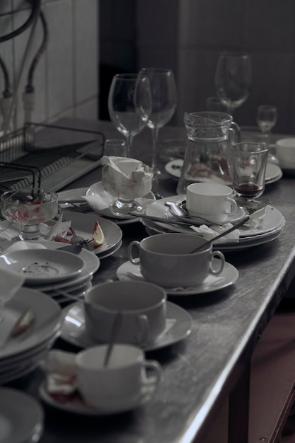 Dirty cups and plates with leftovers and silverware placed on metal table ready for dish washing in restaurant kitchen