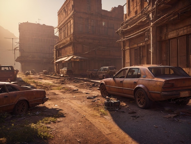 A dirty, dirty, abandoned city with a car parked in the middle of it.