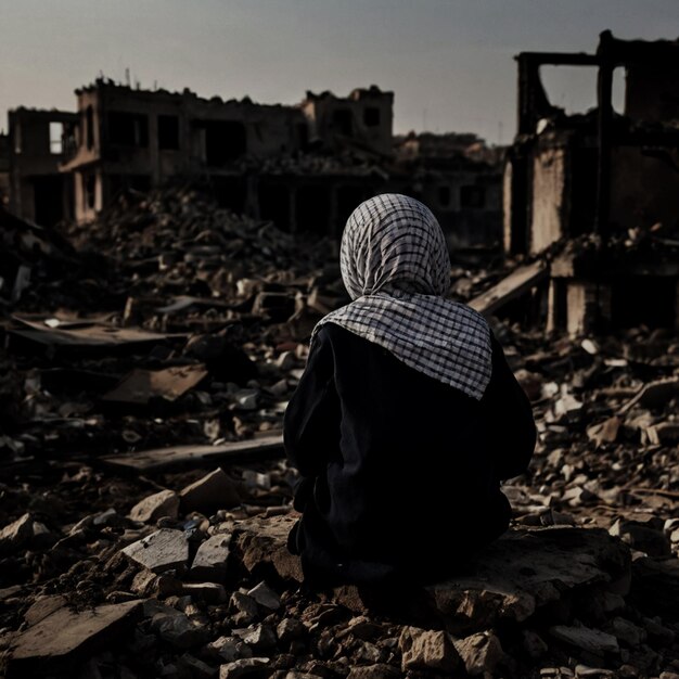 a dirty little child can be seen from behind sitting on the rubble of a building