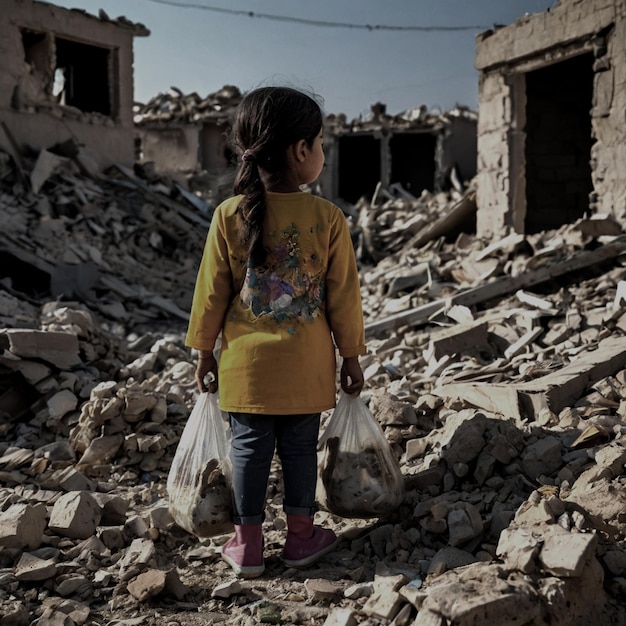 a dirty little child can be seen from behind sitting on the rubble of a building