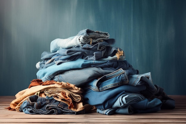 Dirty many store closeup clean blue background denim pile stack pants cloth laundry fabric textile casual