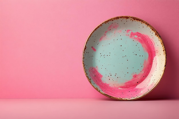 Photo a dirty plate with leftover food isolated on a pastel pink background symbolizing the habit of not cleaning up after meals