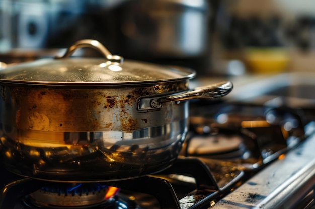 Dirty pot on the stove Stainless pan on the hob Generative AI