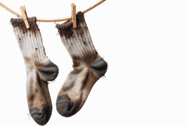 Dirty smelly socks hanging on a clothesline Place for text