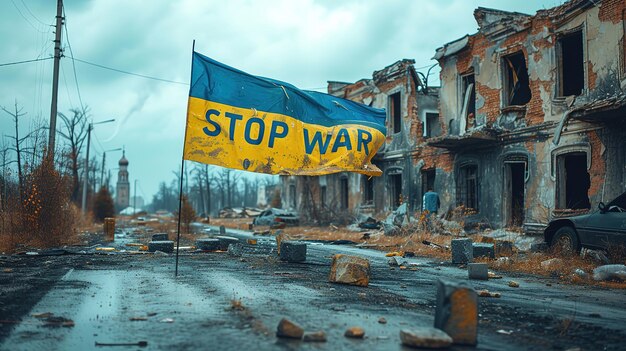 Dirty torn flag of Ukraine text in the middle STOP WAR ar 169 stylize 750 v 6 Job ID f0571390204f4dfc8b098f4c27c33910