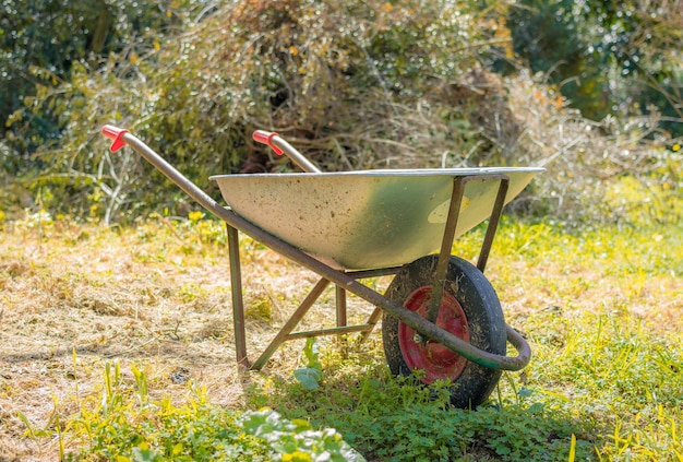 Dirty wheelbarrow in a meadow