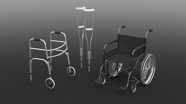 Disability wheelchair crutch and metallic walker isolated on black