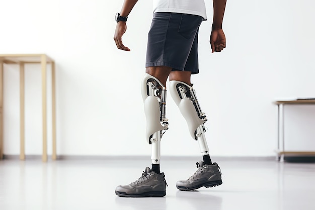 A disabled African American man with prostheses instead of legs poses against a white wall