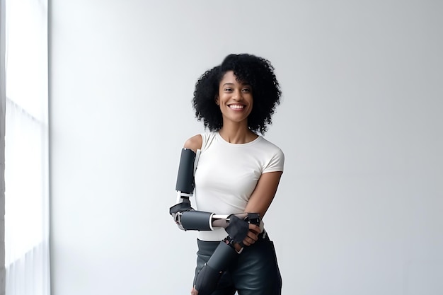 A disabled African American woman in a white Tshirt with a prosthesis instead of a hand