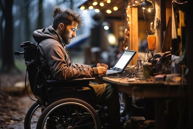 Disabled Businessman working on laptop outside