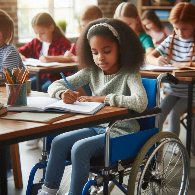 Photo disabled child in a wheelchair in the classroom