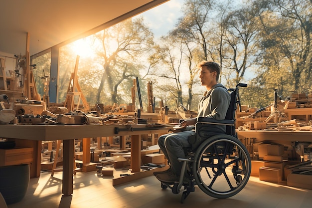 Disabled man carpenter in a wheelchair working on a piece of wood in woodworking shop