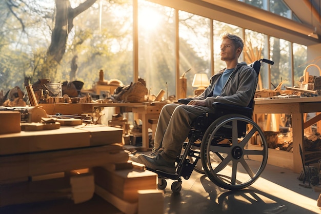 Disabled man carpenter in a wheelchair working on a piece of wood in woodworking shop