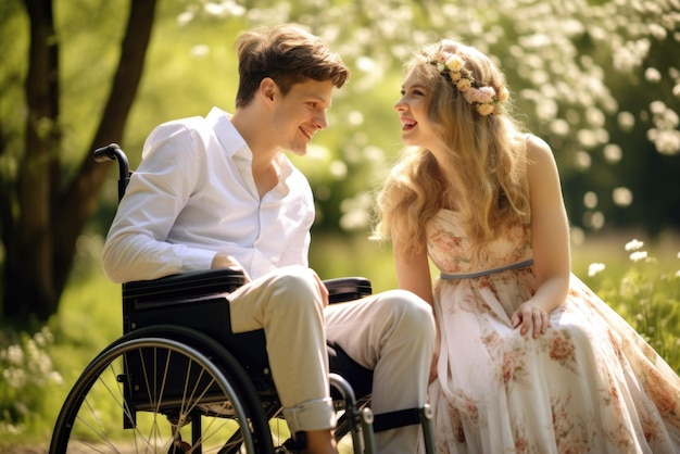 A disabled man in a wheelchair in love with his wife