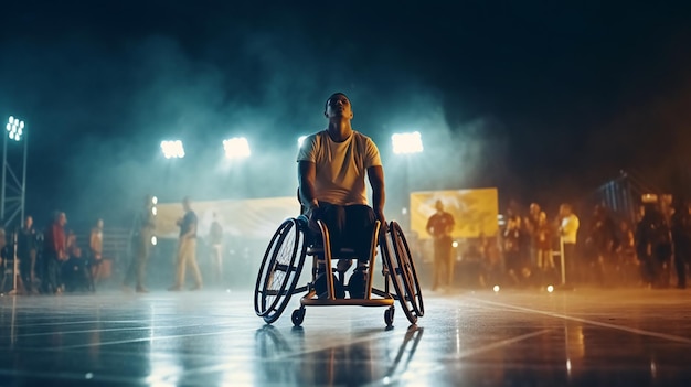 Disabled man on a wheelchair plays basketball on an indoor basketball field Generative ai