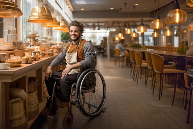 Disabled man in a wheelchair working in coffee shop