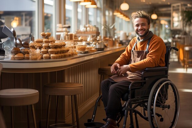 Disabled man in a wheelchair working in pastry and bread shop