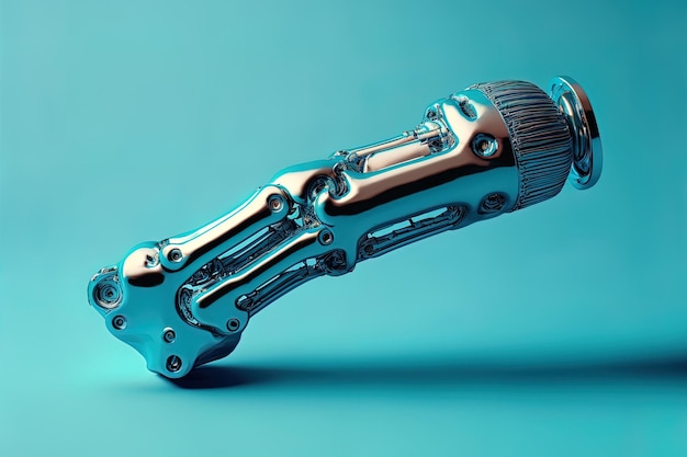 Disabled peoples prosthetic arm in closeup isolated on a blue background