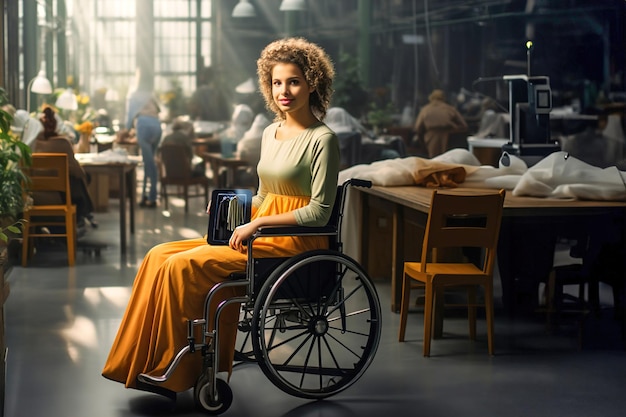 Disabled woman boss entrepreneur in a wheel chair in a sewing factory Hold tabled in hands