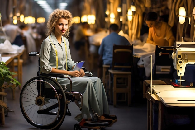 Disabled woman boss entrepreneur in a wheel chair in a sewing factory Hold tabled in hands