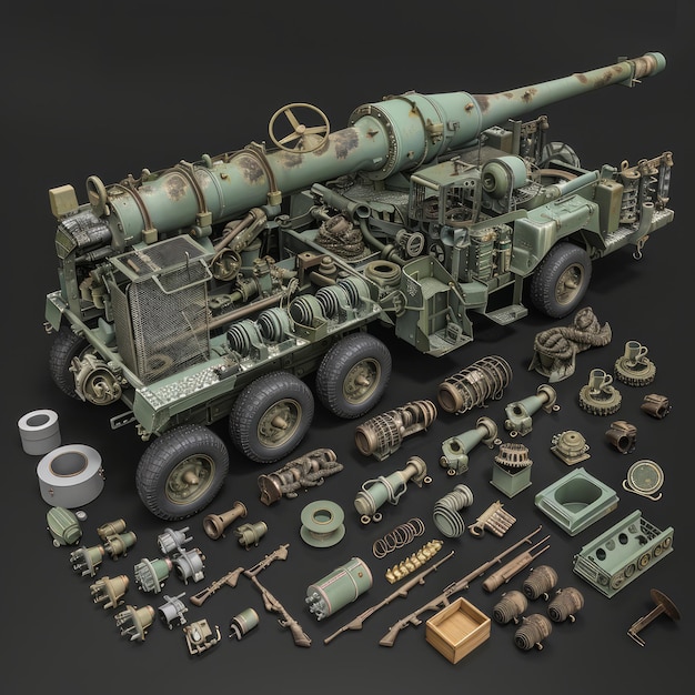 Photo disassembled military artillery gun with parts spread out