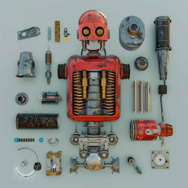 Photo disassembled robot parts with springs and gears in red and silver