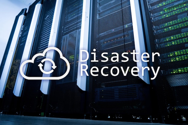 DIsaster recovery Data loss prevention Server room on background