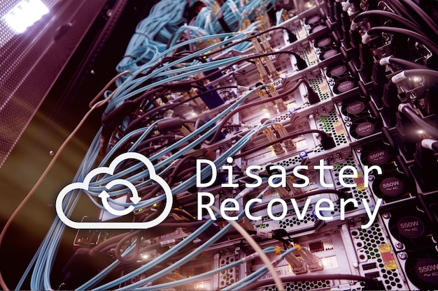 DIsaster recovery Data loss prevention Server room on background