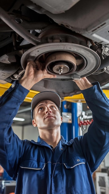 Photo disc car close up mechanic unscrewing automobile parts while working under a lifted auto car se