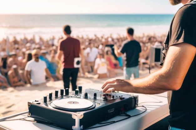 Disc jockey playing music for tourist people at the beach Dj at music live even