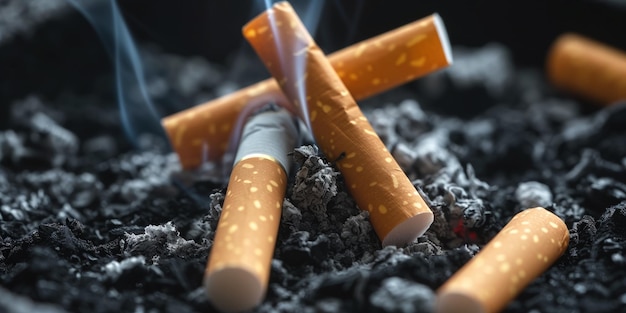 Discarded cigarettes in ashes with smoke closeup shot