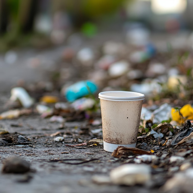 Photo a discarded coffee cup amidst litter on the ground