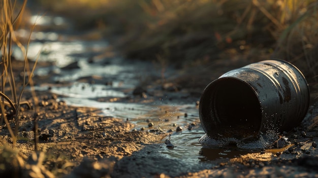 A discarded oil can pollutes a muddy wetland a stark reminder of environmental neglect