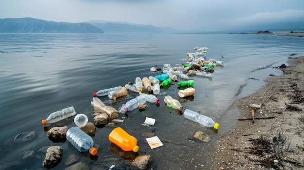 Discarded Plastic Items Covering a Once Pristine Shoreline Highlighting Environmental Urgency