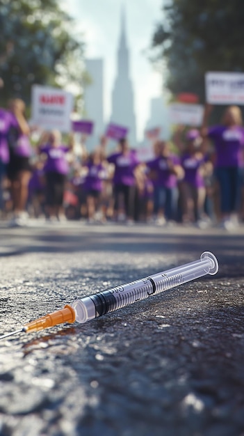 Photo discarded syringe on ground with soft focus background