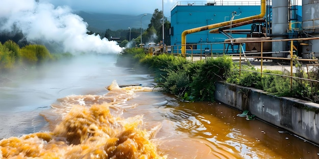 Discharge of Brown Wastewater from Industrial Factory Damaging Wild River Ecosystem and Causing Water Pollution Concept Water Pollution Industrial Waste Ecosystem Damage Wastewater Discharge