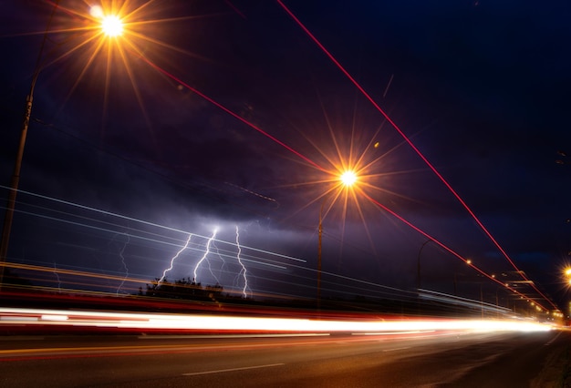 Discharges of lightning in the night sky over the road Background